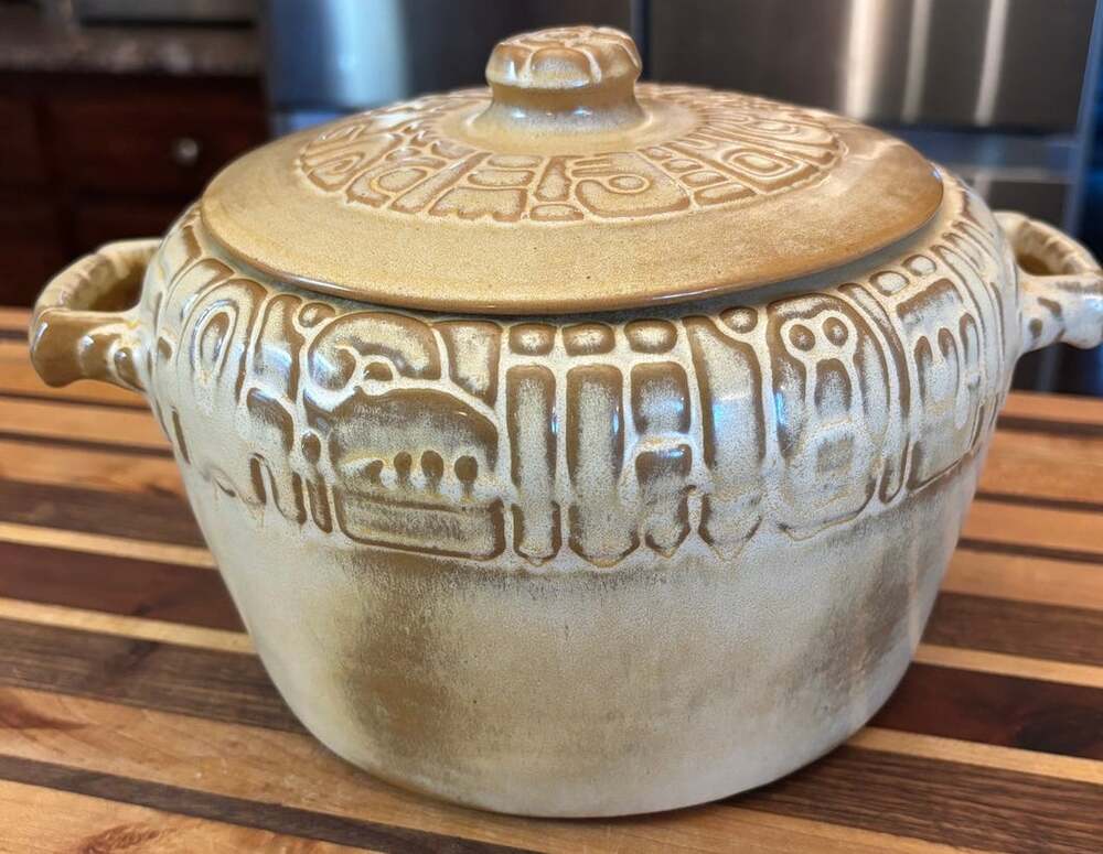 Vintage 1960's Frankoma 7W Mayan Aztec Desert Gold Covered Casserole Beanpot